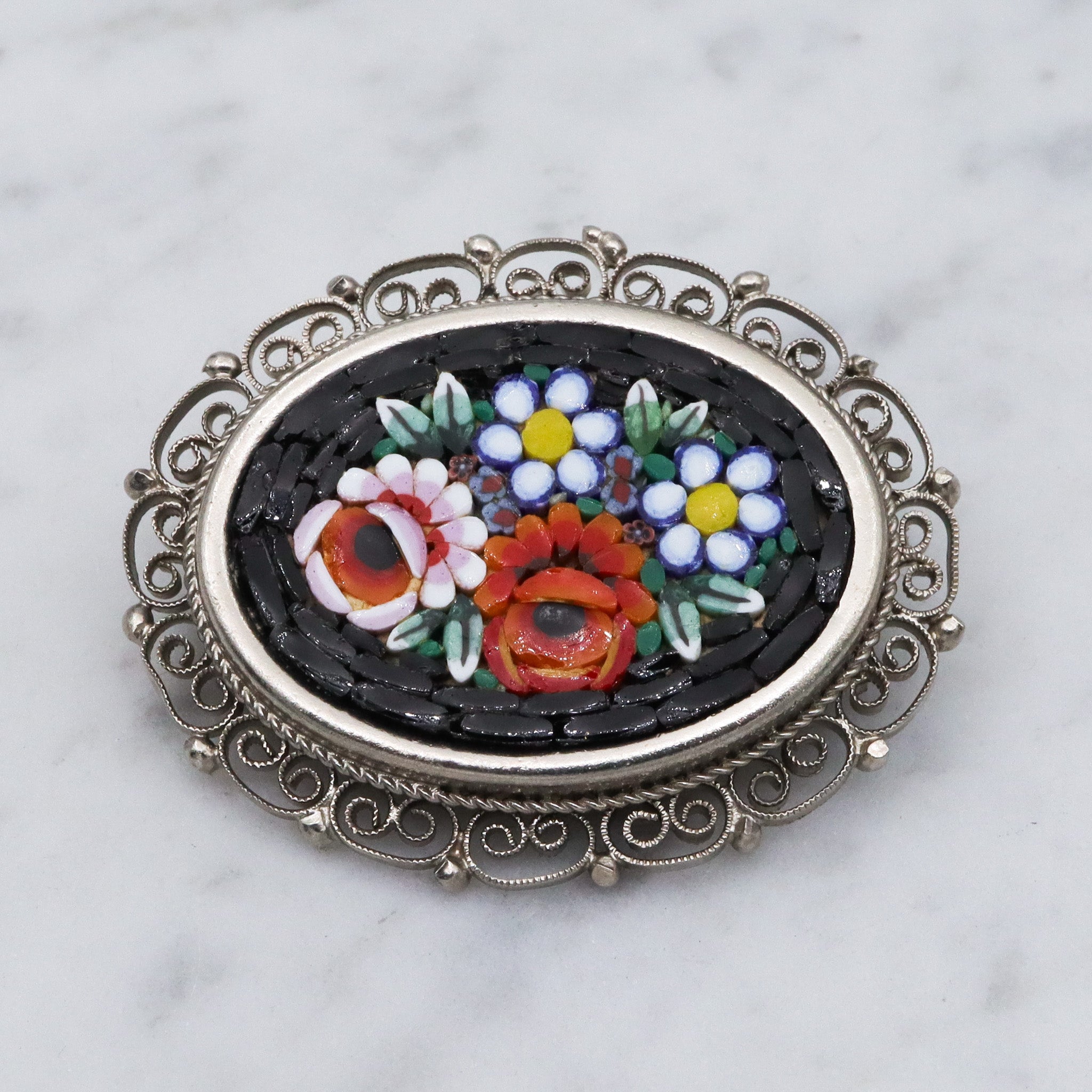 Vintage Spanish silver tone micro mosaic tile brooch